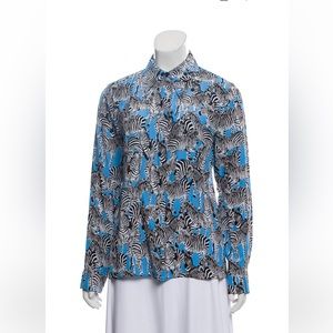 Michael Kors Collection Silk Blouse Zebra Print Blue Contrast Classic Lux Size 6
